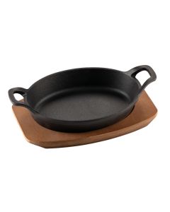 Mini tegame ovale in ghisa smaltata con vassoio in legno cm 22x16