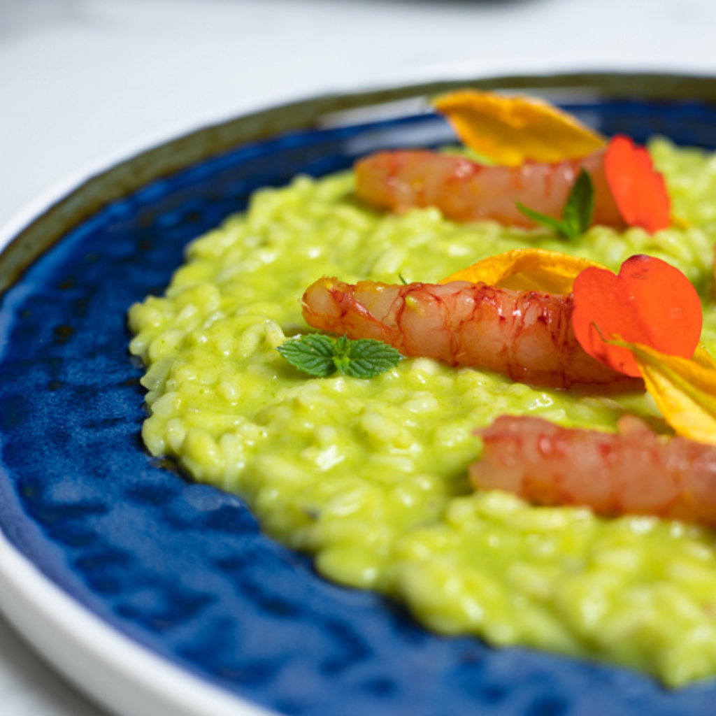 Risotto di zucchine con crudo di gamberi, burrata e mascarpone